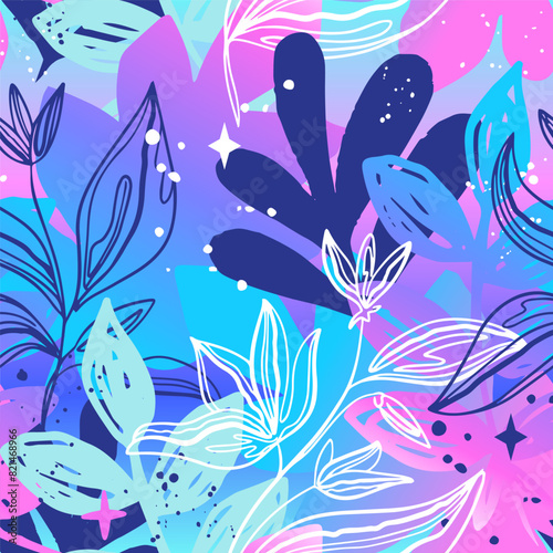 Canvastavla Abstract seamless pattern with hand drawing flowers and magical style elements