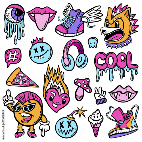 Cool bright set of stickers for girl. Patches heart, lips, headphones, snickers and other graphic elements in teen style