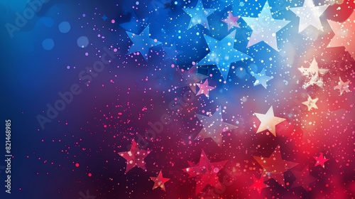 Vibrant 4th of July themed graphic with glittering red, white blue stars on dark blue background, social media patriotic ads.