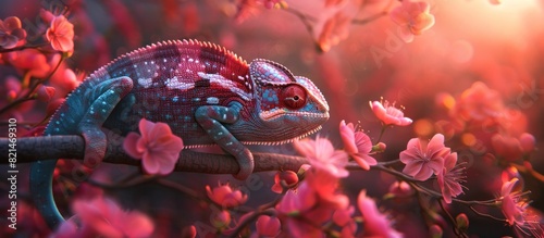 Samurai Chameleon in Cherry Blossom Forest A Harmonious Fusion of Warrior Spirit and Spring Blossoms