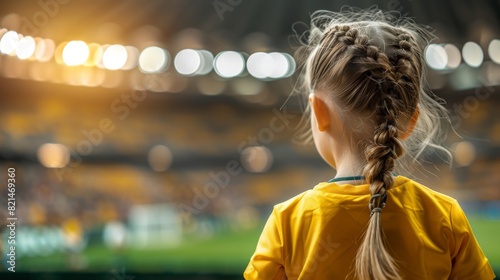 back view of little girl watching australian team at women's world cup in stadium wearing yellow and green, with text space