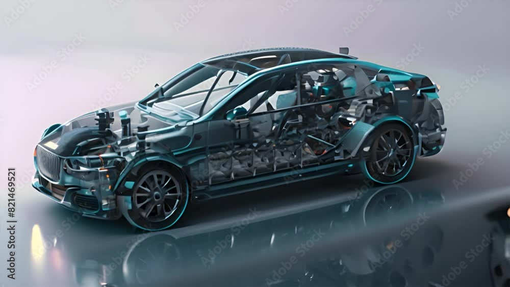 a 3d mesh of a car showing the wiring network inside,generative ai