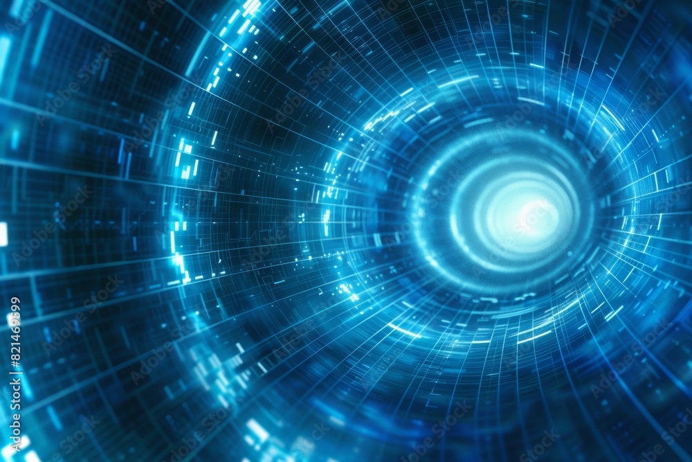 Abstract futuristic digital tunnel with a light blue grid and glowing dots background, in the style of AI technology concept. Abstract futuristic digital tunnel with a light blue grid and glowing dots background, in the style of AI technology concept.