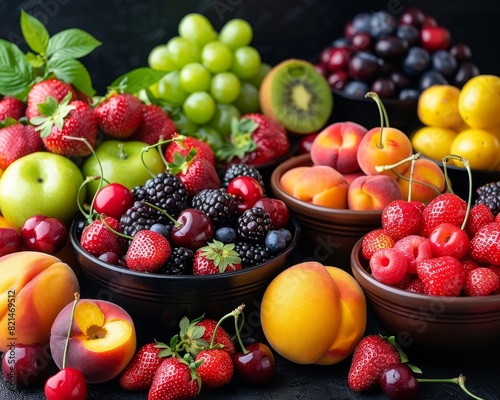 Assortment of Fresh Colorful Fruits Including Raspberries  Blackberries  Cherries  Peaches  Green Apples  and More on a Dark Background