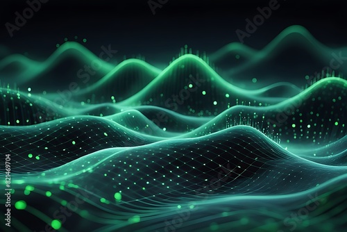Dynamic 3D Wave Rendering with Green Dots: Futuristic Flow Technology for Abstract Sound and Data Visualization, Digital Illustration for Business, Music, and Science, Featuring Techno Grid Texture