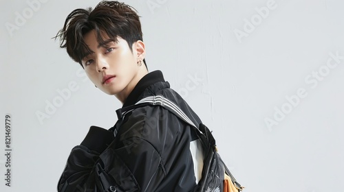 A photo of a handsome and cute Korean idol, wearing a black bomber jacket, a windbreaker vest tied around his waist, and posing sideways. copy space for text.