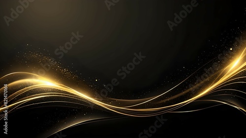 Dark black luxury background with shiny gold wave lines