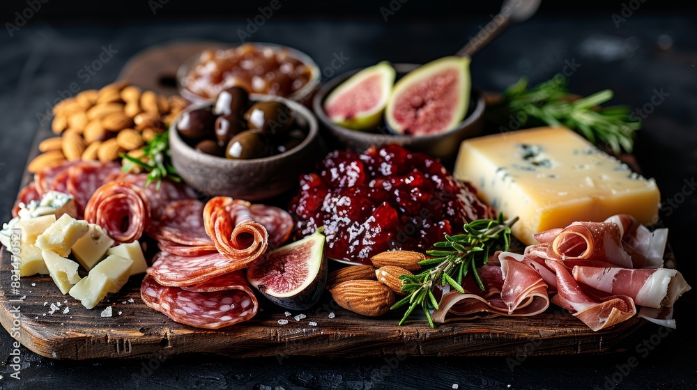 charcuterie display, cozy charcuterie board featuring prosciutto, salami, brie, nuts, and fig jam on a rustic wooden platter, perfect for a relaxed evening get-together charcuterie display, cozy charcuterie board featuring prosciutto, salami, brie, nuts, and fig jam on a rustic wooden platter, perfect for a relaxed evening get-together