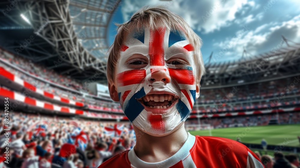 child boy soccer fun with painted face of flag England in football stadium child boy soccer fun with painted face of flag England in football stadium