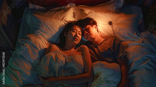 Asian couple sleeping soundly in bed under the soft light of LED bedside lamp, symbolizing comfortable sleep in an organized bedroom environment. copy space for text. photo