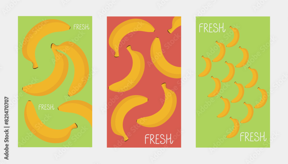 Backgrounds with yellow bananas. Vector illustration for poster, card, print, background, wallpaper, banner, advertising, label.