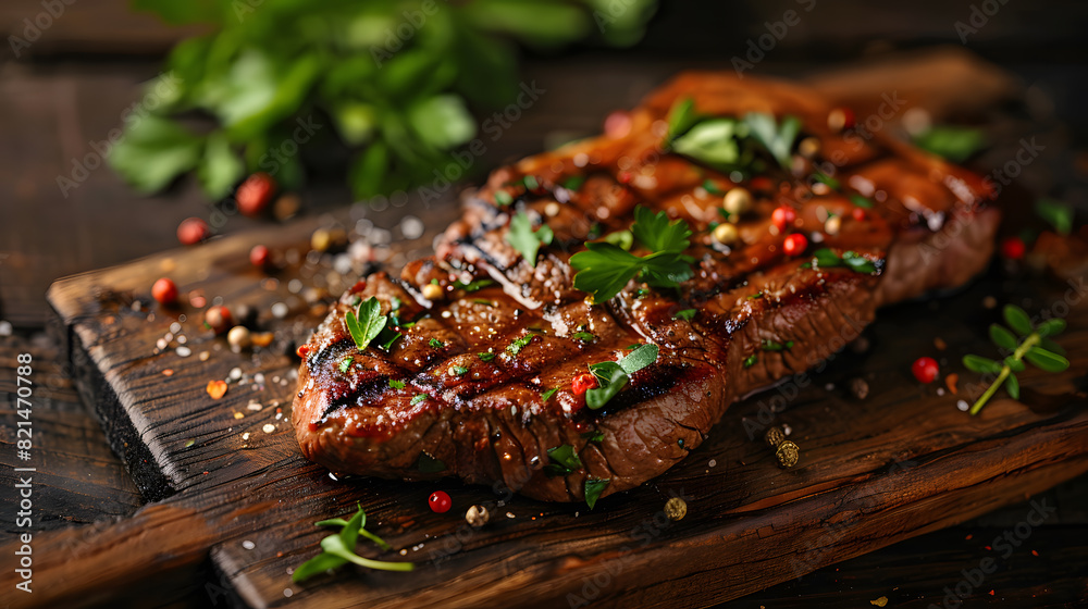  Grilled steak on a cutting board, a delicious dish made from beef