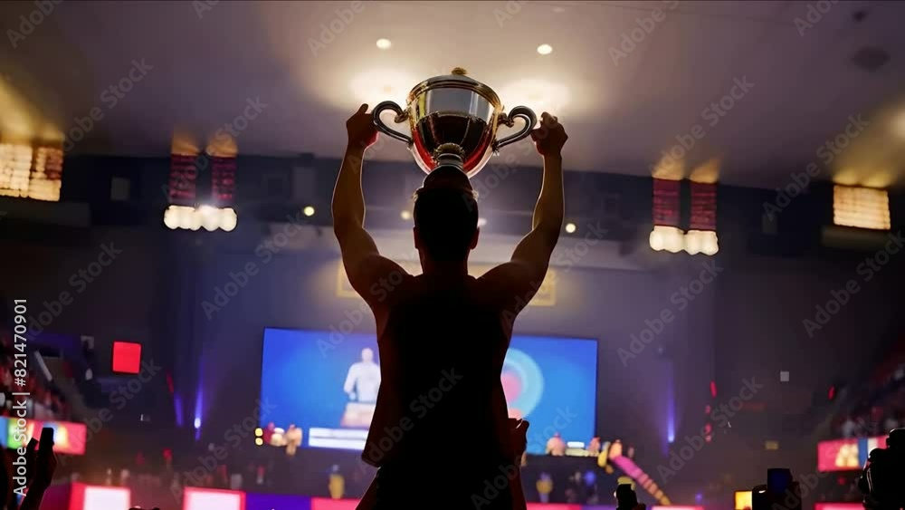 Man holding Trophy In the arena. silhouette of a man holding a trophy.