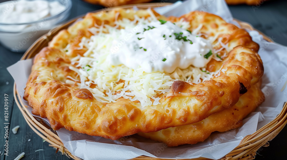 Fototapeta premium Delicious lángos in the market with sourcream and cheese. Langos is a traditional hungarian food deep fried flat bread with yeast dought