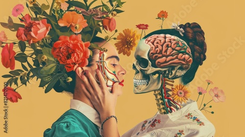 Surreal portrait of a woman holding a skull with a brain for art, psychology or death themes