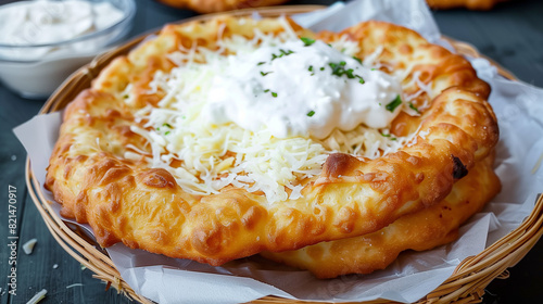 Delicious lángos in the market with sourcream and cheese. Langos is a traditional hungarian food deep fried flat bread with yeast dought