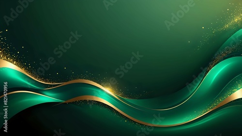 Dark green luxury background with shiny gold wave lines