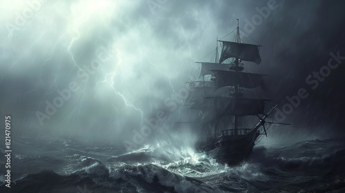 Dark fantasy illustration, pirate ship on stormy sea. copy space for text. photo