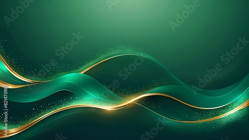 Dark green luxury background with shiny gold wave lines