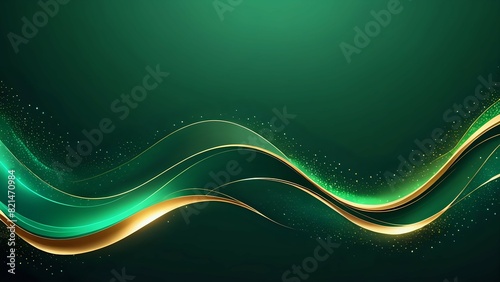 Dark green luxury background with shiny gold wave lines