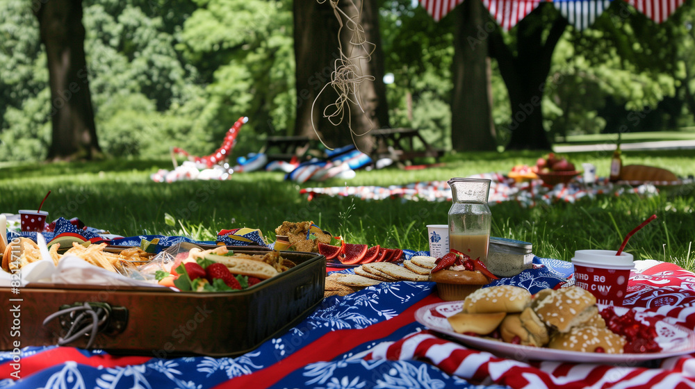 Patriotic Picnic in the Park with Red, White, and Blue Decorations, Celebrating Fourth of July with Food and Fun Outdoors Patriotic Picnic in the Park with Red, White, and Blue Decorations, Celebrating Fourth of July with Food and Fun Outdoors