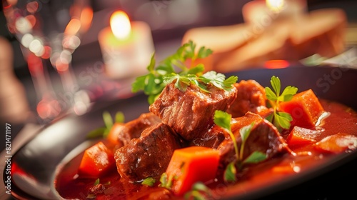 Close up of Hungarian goulash in background of modern restaurant. Lifestyle concept of food and dish. photo
