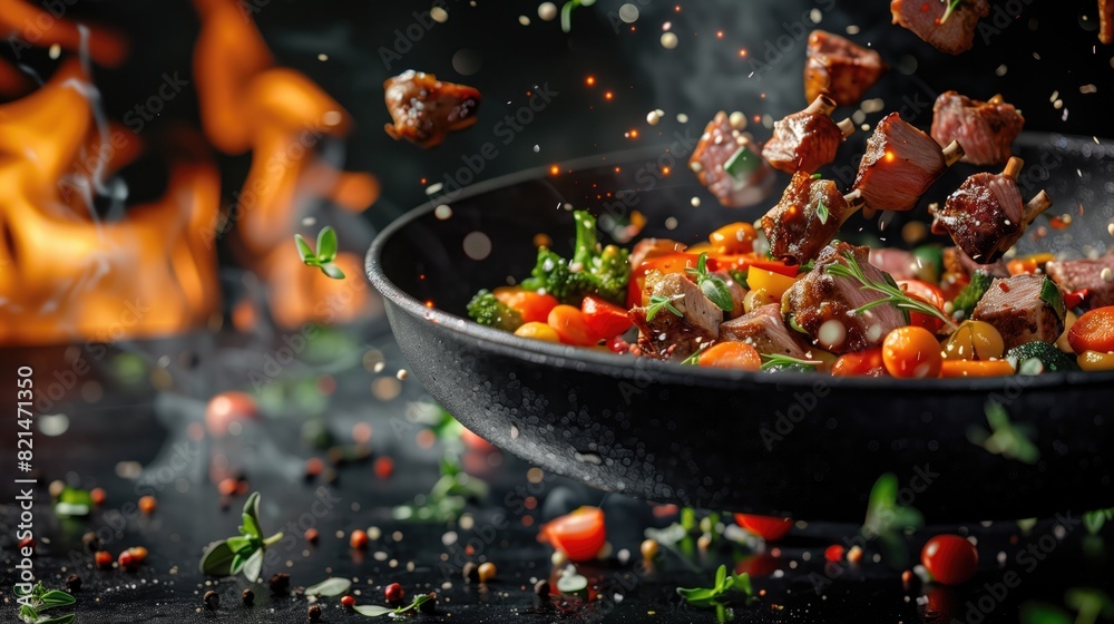 The vibrant image shows food in motion, with pieces of meat and vegetables mid-air