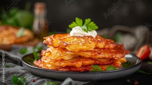 Close up view of potato pancakes. Potato pancakes latkes, flapjacks, hash brown or potato vada on gray plate over gray wooden table, with fresh parsley and sour cream.