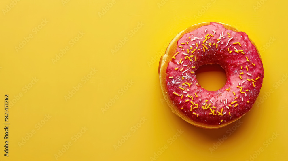 vibrant donut with pink icing and sprinkles on yellow background