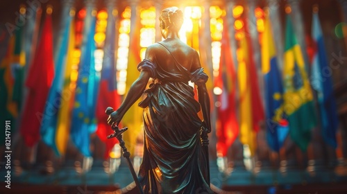 Reverse Silhouette of a courtroom with international trade law emblems