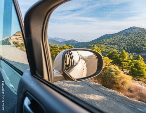 Car mirror reflects life's rearview, symbolizing introspection, hindsight, progress, and the journey ahead