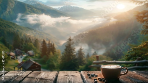 Coffee cup on wooden table in front of mountain landscape.