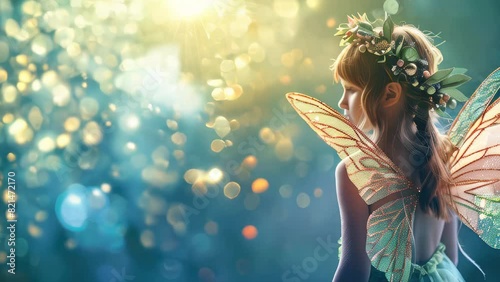 Child in fairy costume with wings amidst sparkling lights