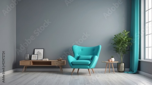 modern mid century and minimalist interior of living room, Turquoise armchair