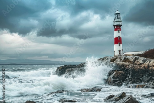 A lighthouse is on a rocky shoreline with crashing waves. The lighthouse is white and tall  and the waves are high and powerful