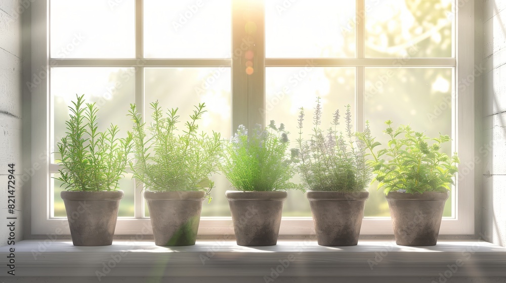 Different aromatic potted herbs on windowsill indoors Different aromatic potted herbs on windowsill indoors