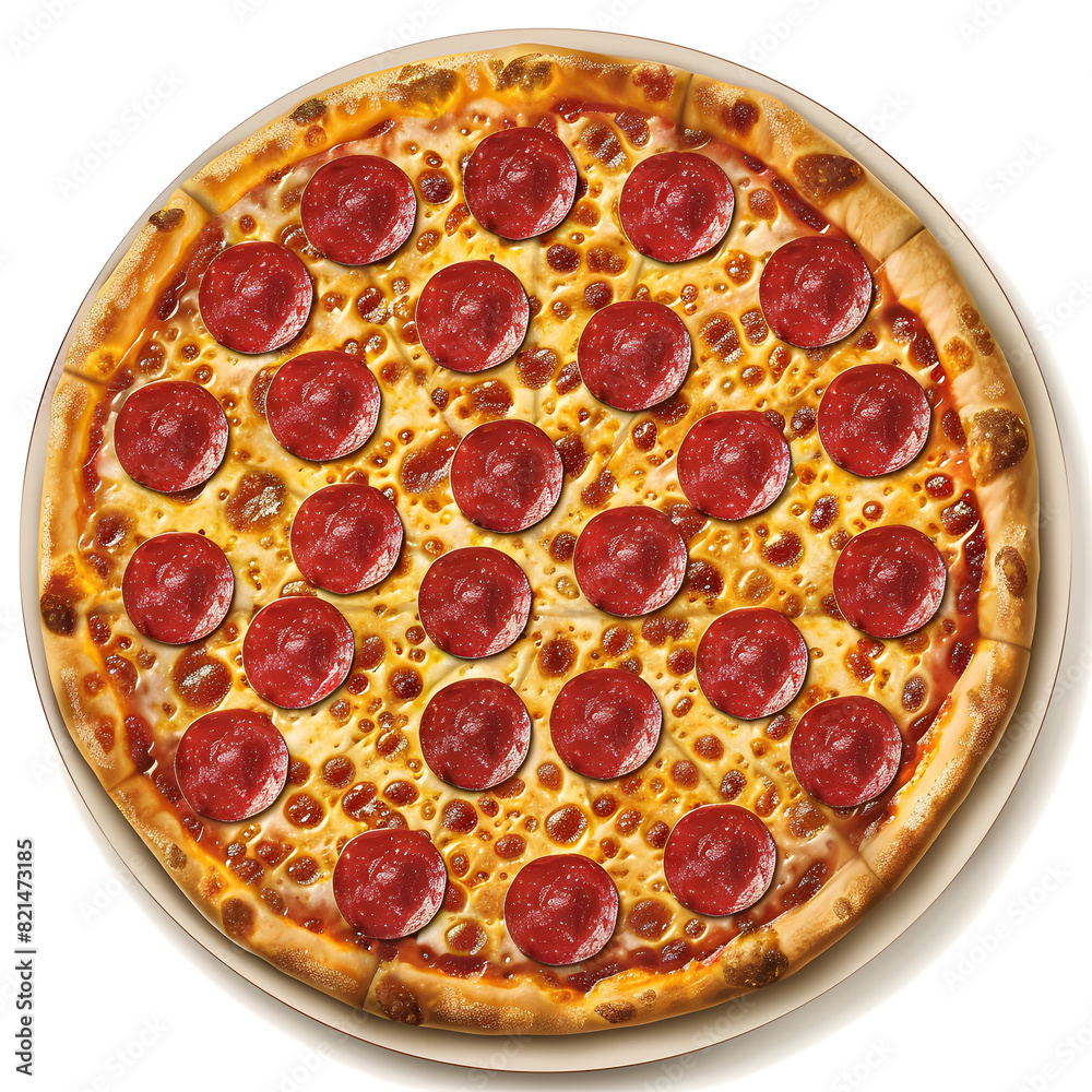 Vector illustration of a pepperoni pizza on a white background. Suitable for crafting and digital design projects.[A-0001]