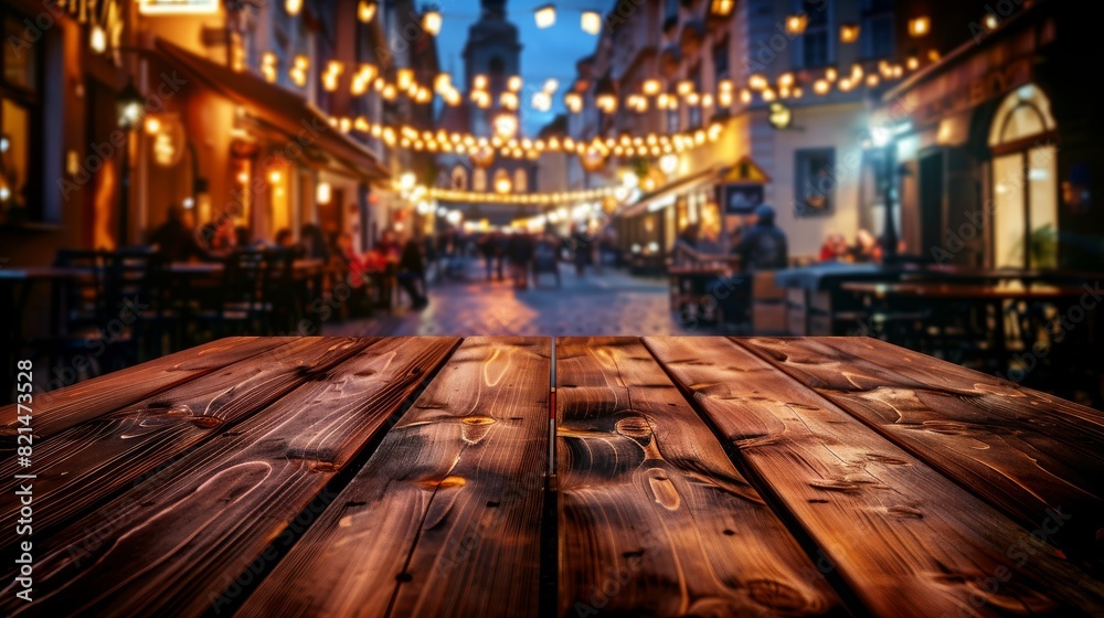 Empty wooden table in a cafe against the backdrop of the bright beautiful lights of the night city. Blurred background. Empty wooden table in a cafe against the backdrop of the bright beautiful lights of the night city. Blurred background.