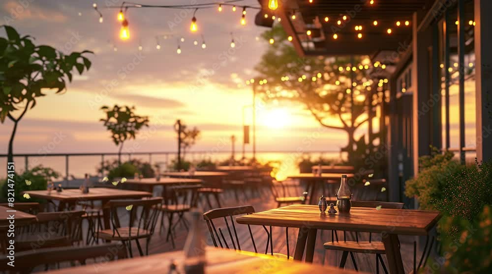 Cozy outdoor café with a warm lamp light in the evening, inviting atmosphere
 Seamless looping 4k time-lapse virtual video animation background. Generated AI