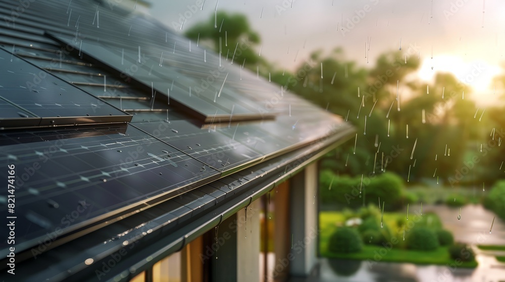 Fototapeta premium close up photo of new suburban house with a photovoltaic system on the roof. solar panels on the gable roof, rain falling down