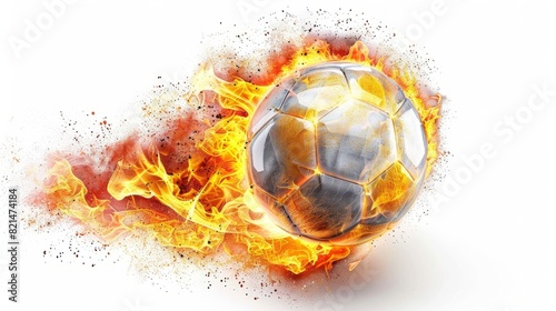 Flaming soccer ball flying through the air  surrounded by vibrant flames  isolated on a white background.