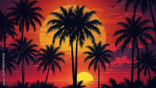 Tropical sunset with palm trees © amin