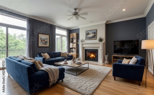 Modern professional photograph of a navy blue and silver luxury living room interior with floor-to-ceiling windows and a cozy fireplace