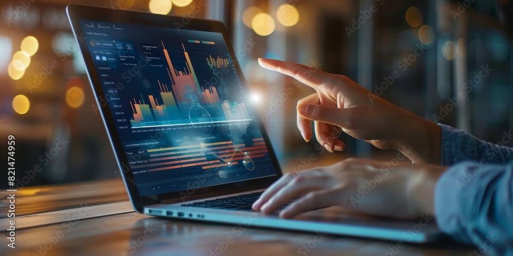 The concept of a financial clinic, business team meeting, or presentation in the office working with a laptop and pointing to a screen showing graph data marketing The concept of a financial clinic, business team meeting, or presentation in the office working with a laptop and pointing to a screen showing graph data marketing