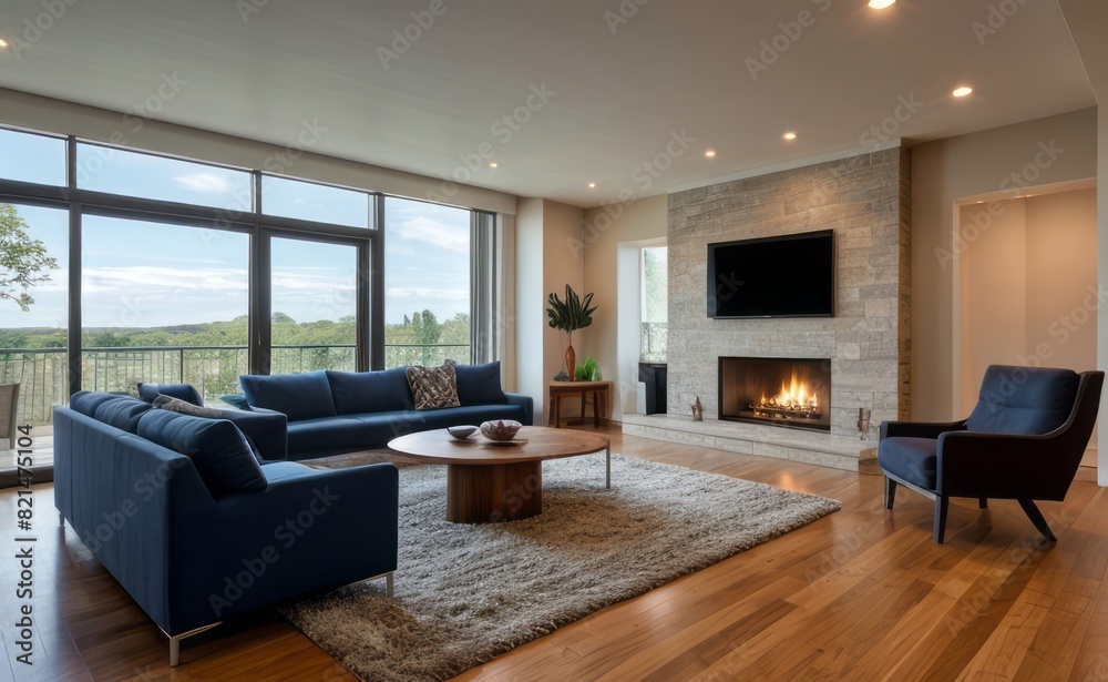 Modern professional photograph of a navy blue and silver luxury living room interior with floor-to-ceiling windows and a cozy fireplace Modern professional photograph of a navy blue and silver luxury living room interior with floor-to-ceiling windows and a cozy fireplace