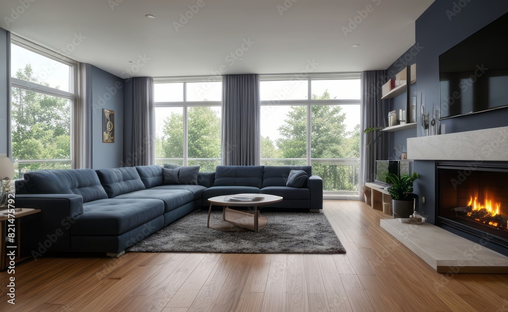 Modern professional photograph of a navy blue and silver luxury living room interior with floor-to-ceiling windows and a cozy fireplace Modern professional photograph of a navy blue and silver luxury living room interior with floor-to-ceiling windows and a cozy fireplace