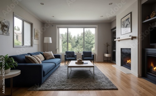 Modern professional photograph of a navy blue and silver luxury living room interior with floor-to-ceiling windows and a cozy fireplace