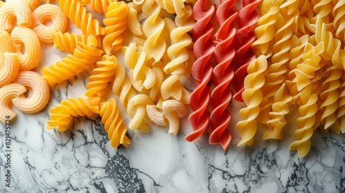 pasta collection, assorted colorful macaroni in various shapes and sizes on a marble surface, creating a vibrant background for pasta aficionados with room for text photo