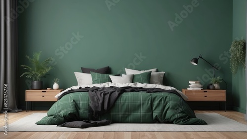 cozy home bedroom interior with unmade bed, black plaid and cushions on empty Cloudy Green wall