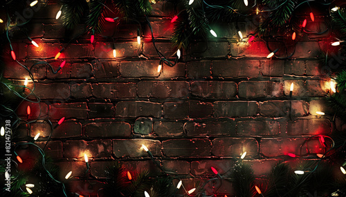 photo realistic christmas lights laid out beautifully for top down photo dim lighting brick background photo